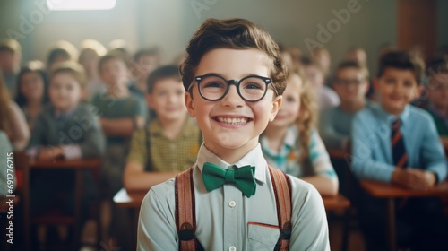 Smartly dressed young boy with glasses standing out in classroom. Childhood and education. © Postproduction