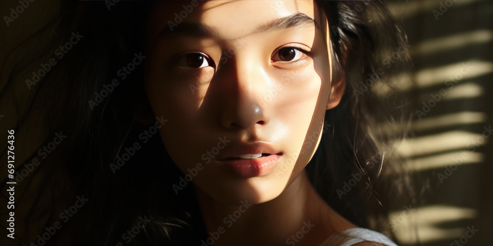 beautiful asian teen with skin on her face, generative AI - obrazy, fototapety, plakaty 