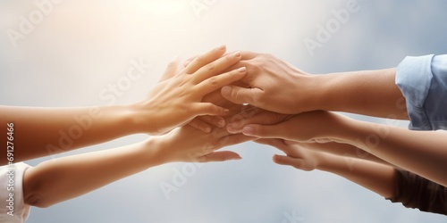 Panoramic Teamwork,empathy,partnership and Social connection in business join hand together concept.Hand of diverse people connecting.Power of volunteer charity work,Stack of people, Generative AI photo