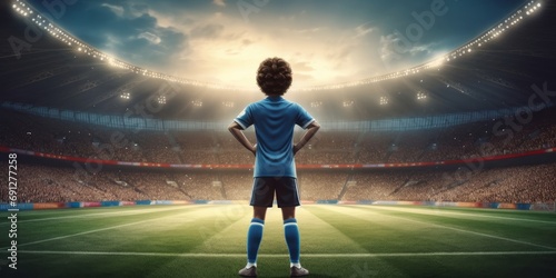 3D Render Football Player Standing in Soccer Stadium, Future Dream to Be a Professional Footballer. Generative AI