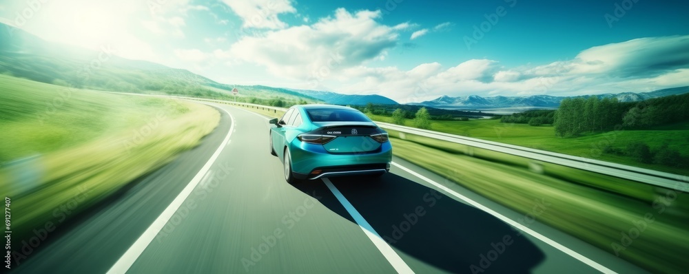 Electric Car driving on the road with green nature and blue sky motion blur background. Generative AI