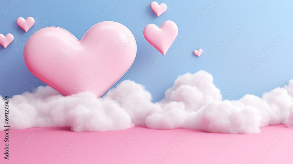 Valentine's day background,hanging red  hearts, red balloon , Pink hearts and paper cut ,light blue background ,pink with  space for text