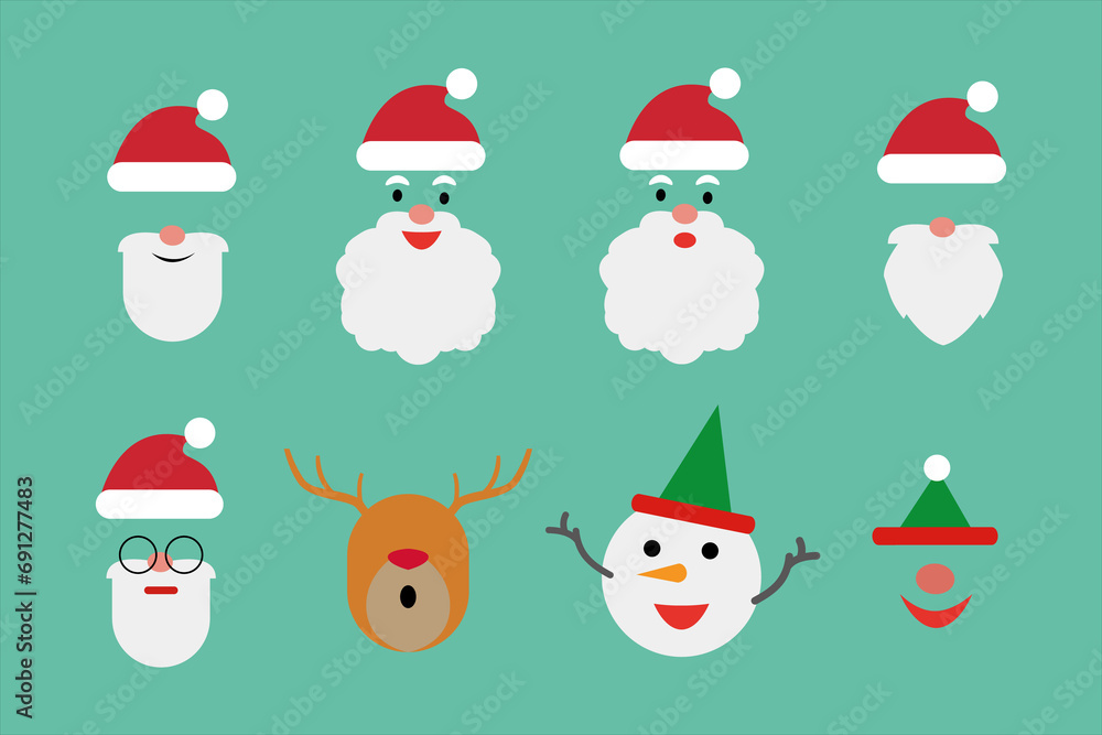 Christmas photo booth collection. Santa Claus various red hat set, moustache, beard, Elf, Deer horn. Xmas clip art. Holiday winter party concept. Isolated.