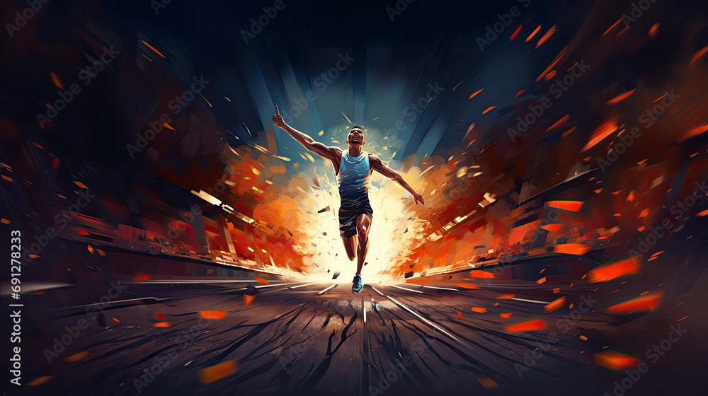 A sprinter crossing the finishing line on a track - obrazy, fototapety, plakaty 