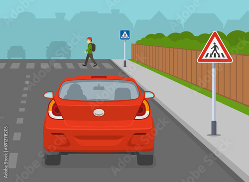 Safe driving tips and traffic regulation rules. European pedestrian crossing ahead sign. Back view of a car. Flat vector illustration template.