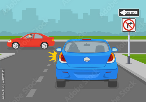 Fototapeta Naklejka Na Ścianę i Meble -  Safe driving tips and traffic regulation rules. Back view of a car turning left into a one-way street. No right turn and one-way street sign. Flat vector illustration template.