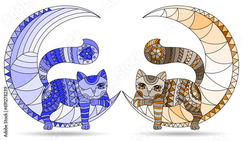A set of illustrations in the style of stained glass with cats on the moon, animals isolated on a white background, tone blue and brown
