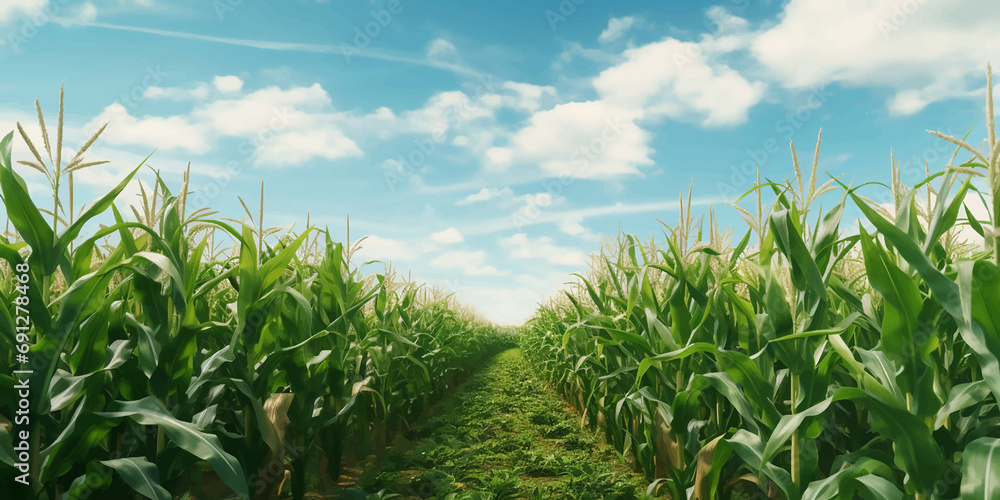 field corn nature agriculture sky farming rural plant green blue summer landscape spring crop cou - obrazy, fototapety, plakaty 