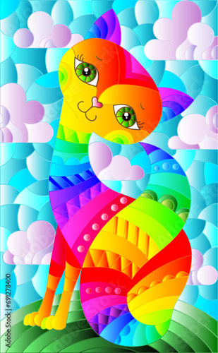 Stained glass illustration with a rainbow cartoon cat against a blue sky with clouds  rectangular image