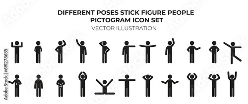 Collection of stick figures with different poses, human icon. Various Basic Standing Human Man People Body Languages Poses Postures Stick Figure Stickman Pictogram Icons Set
 photo