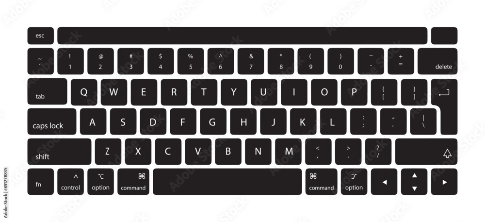 Keyboard of computer, laptop. Modern key buttons for pc. Black, white keyboard isolated on white background. Icon of control, enter, qwerty, alphabet, numbers, shift, escape. Realistic mockup. Vector  - obrazy, fototapety, plakaty 