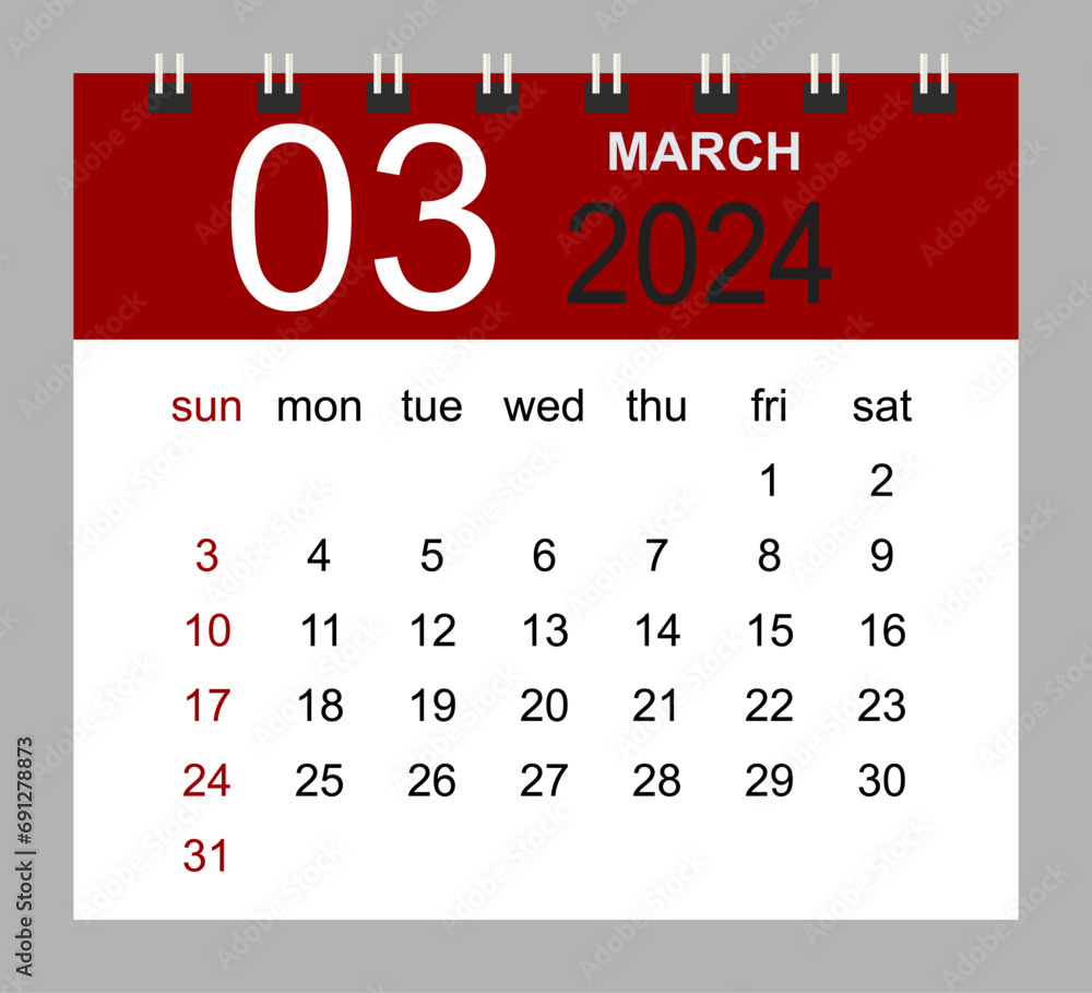 March 2024. Vector monthly calendar template 2024 year in simple style