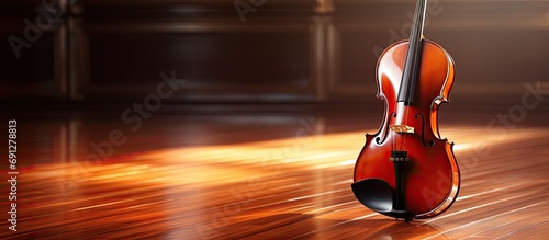 Cello's diagonal bow on shiny wood.