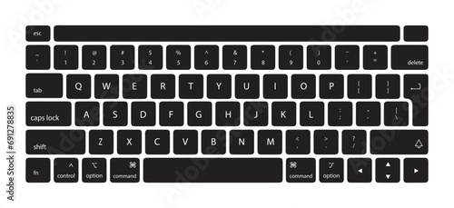 Keyboard of computer, laptop. Modern key buttons for pc. Black, white keyboard isolated on white background. Icon of control, enter, qwerty, alphabet, numbers, shift, escape. Realistic mockup. Vector  photo