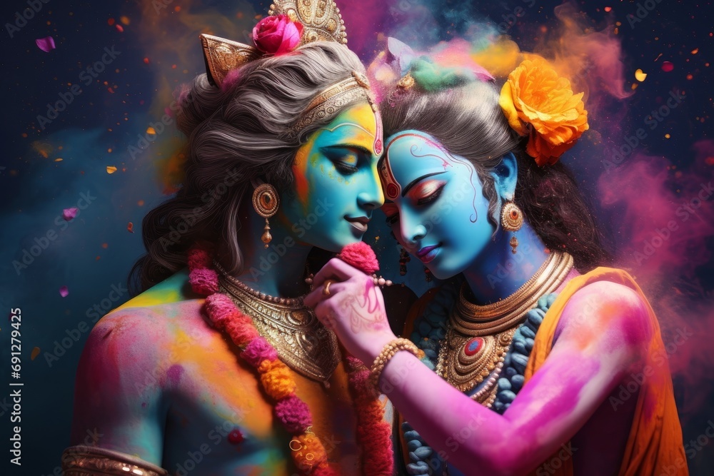 Hindu God Krishna and Radha in Holi festival concept. Generative AI - obrazy, fototapety, plakaty 