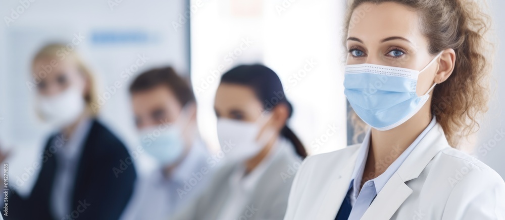 Fototapeta premium Businesswoman wearing mask, writing on whiteboard with team during pandemic.
