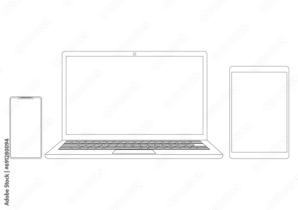 スマートフォンとラップトップパソコンとタブレットの線画 スマートフォンとラップトップパソコンとタブレットの線画