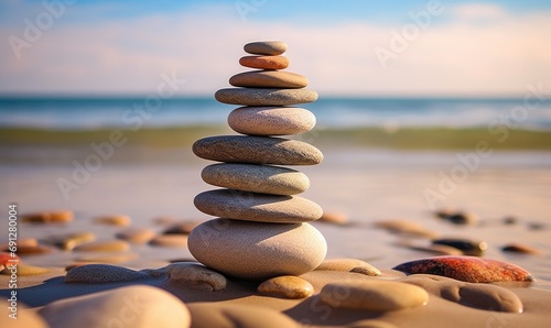 Stone tower. Balancing body, mind, soul and spirit. Mental health and well-being concept. Pebble stone on the beach. Generative AI