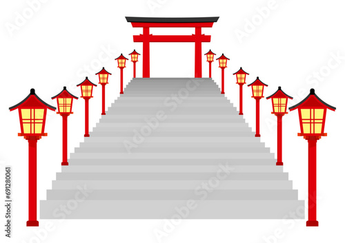 神社の鳥居までの灯篭の並んだ階段