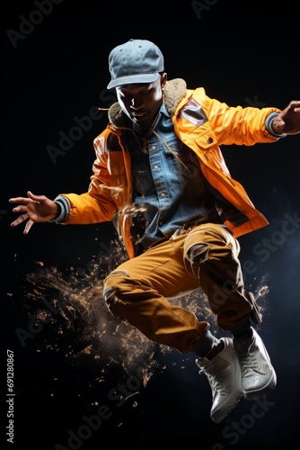 Young male hip-hop dancer mid-air during a high-energy jump, Generative AI