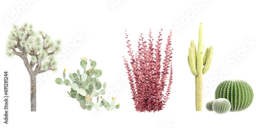 3D rendering of ground cover filled with yucca brevifolia,opuntia ficus-indica,carnegiea gigantea,echinocactus grusonii, pillar,flowers and grass photo