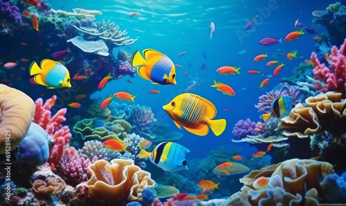 Animals of the underwater sea world. Ecosystem. Colorful tropical fish. Generative AI © Neha Focus