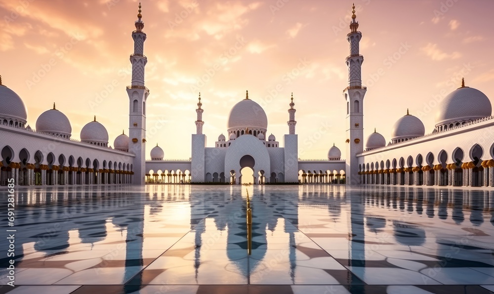 Abu Dhabi, UAE, Sheikh Zayed Grand Mosque in the Abu Dhabi, United Arab Emirates on a sunset view background. Generative AI - obrazy, fototapety, plakaty 