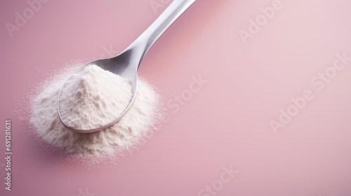 Spoon with collagen or protein powder on pastel background. Natural supplement for beauty and health of skin, bones, joints and intestines. Plant or fish based. Flatley, top view. photo
