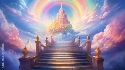 Foto Fantasy landscape with rainbow bridge and magical castle