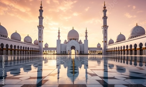 Abu Dhabi, UAE, Sheikh Zayed Grand Mosque in the Abu Dhabi, United Arab Emirates on a sunset view background. Generative AI © Neha Focus