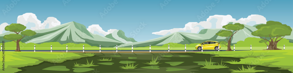 Travels of hatchback car with driving for banner. Asphalt road  has boundary posts and near the vast meadows and swamps with mountain under blue sky and white clouds. Copy Space Flat Vector. - obrazy, fototapety, plakaty 
