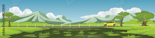 Travels of hatchback car with driving for banner. Asphalt road  has boundary posts and near the vast meadows and swamps with mountain under blue sky and white clouds. Copy Space Flat Vector.
