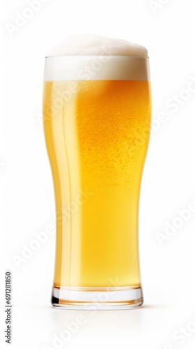 Tulip pint glass of fresh golden-colored beer with cap of foam isolated on white background, Generative AI