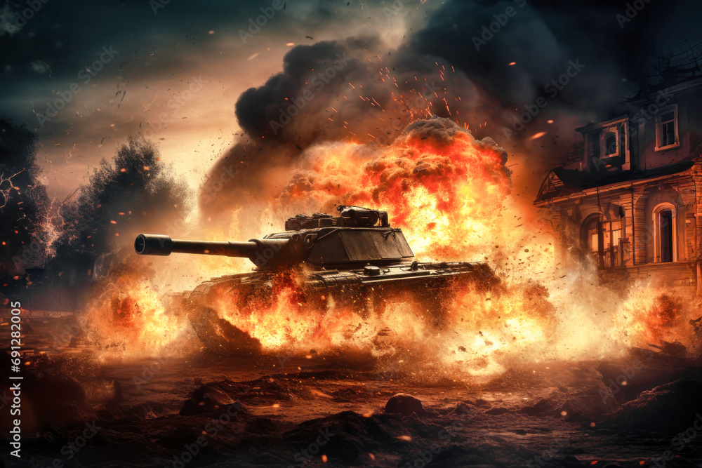 War Concept. Tank in a destroyed city or village. Military action battle scene against the backdrop of fire, smoke and explosions. Battle in ruined city. Selective focus.