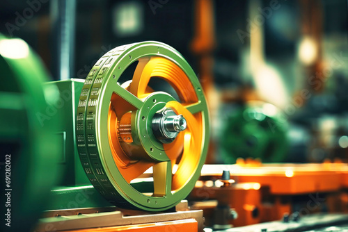 Photo of a detailed view of a vibrant machine in green and yellow colors. Modern metal processing at an industrial enterprise. Manufacturing of high-precision parts and mechanisms.