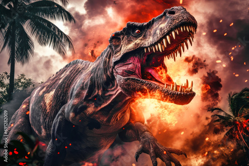 A terrible dinosaur Tyrannosaurus T-rex with an open huge mouth against a background of fire and smoke in the burning primeval jungle. Death of the dinosaurs. © Anoo