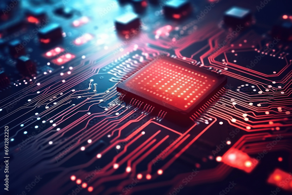 Fototapeta premium A powerful computer processor or chip on a motherboard. Modern technologies. Red background. Modern electronics production.