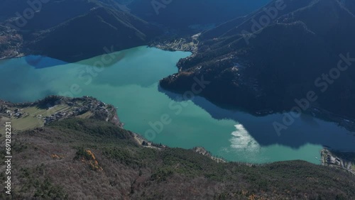 Aerial Up forward  Right Reveal Drone shot of Ledro Lake from Monte Cocca - Not Graded. photo