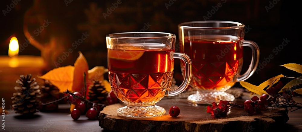 Autumn or winter hot drink placed in a festive table setting, served in a double glass cup. Autumn or winter hot drink placed in a festive table setting, served in a double glass cup.