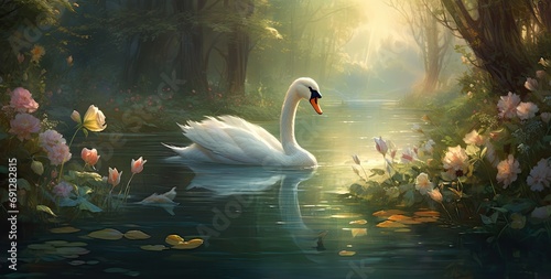 Dreamlike Serenity: Graceful Swans Amidst Pond Plants, Captured in the Ethereal Beauty of Watercolors, Creating a Sublime, Artistic, and Harmonious Scene of Nature's Tranquility. photo