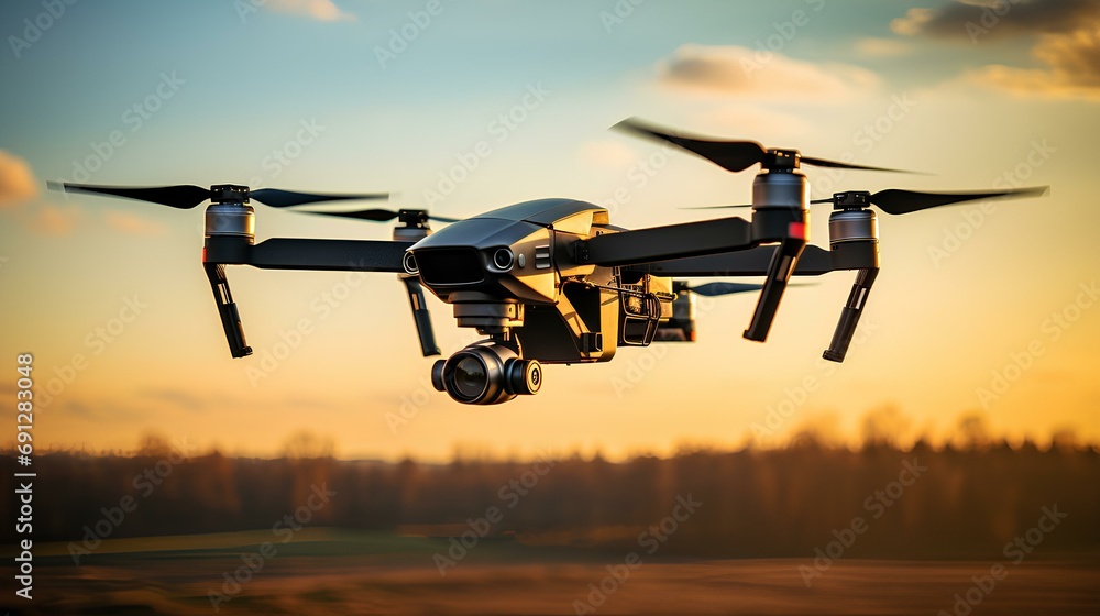 a state-of-the-art drone undergoing a test flight, set against a backdrop of a cool-colored sky and clouds. generative AI a state-of-the-art drone undergoing a test flight, set against a backdrop of a cool-colored sky and clouds. generative AI