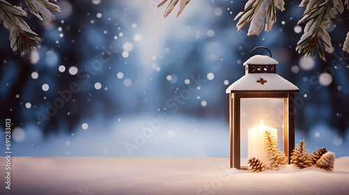 Frosty Fantasy: Lanterns Aglow in a Winter Dream, Cascading Snowflakes, and Pine Tree Whispers