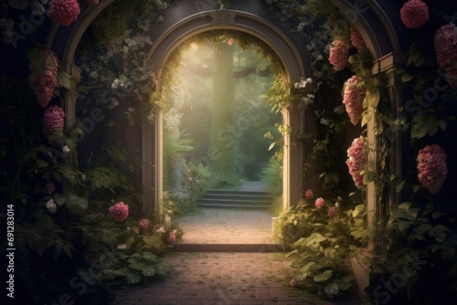 A beautiful secret fairytale garden with flower arches and beautiful tropical forest with colorful vegetation, Generative AI © Preeti