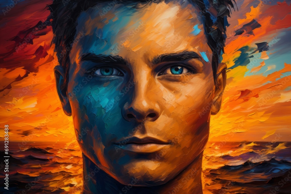 夕焼けの海と男性,Generative AI AI画像