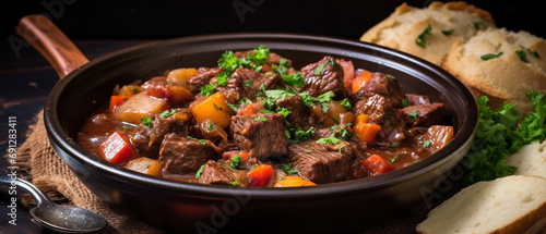 A delicious bowl of beef stew with tender chunks of meat and a savory flavor.
