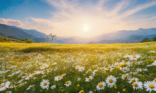 daisy flower field view with clean blue sky