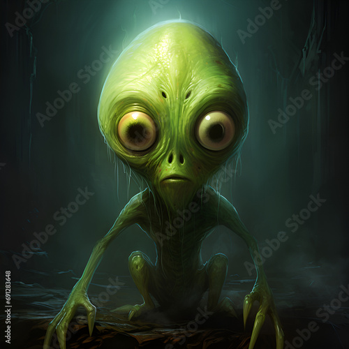 Cute baby alion, Close up of Green Alien with Big Eyes in Dark Environment, A green alien with two antennas on its head and big tummy, standing on a rocky surface, in a cute little alien hoodie, 
 photo