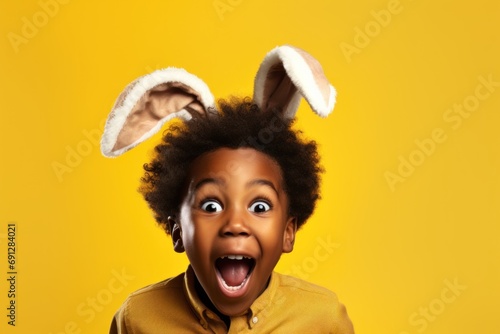 African American boy with curly hair and bunny ears, shouting in amazement while holding an Easter basket, set against a yellow background.