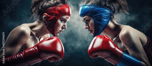 Female boxers in red and blue gloves sparring in the ring.