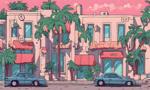 Cartoon-style street scene with iconic flair
